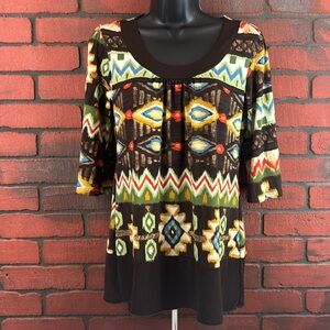 Sushi Flower Woman's XS Aztec‎ Print Top – Quarter Sleeve, Boho, Casual
